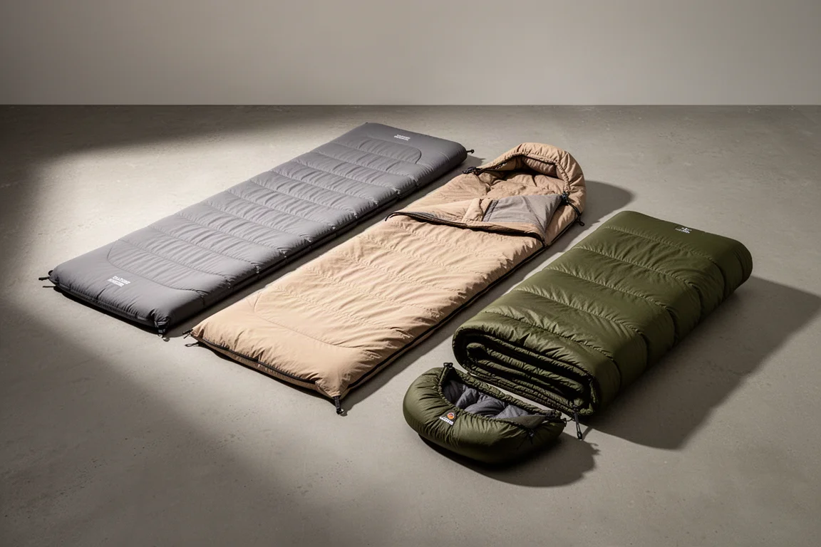 置於水泥地上的 ultralight 背包睡眠系統，含睡墊、連帽床單、被與枕頭