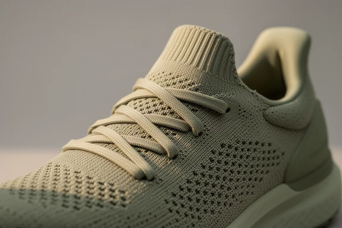 Close-up of a knit running shoe upper with springy laces on a neutral background