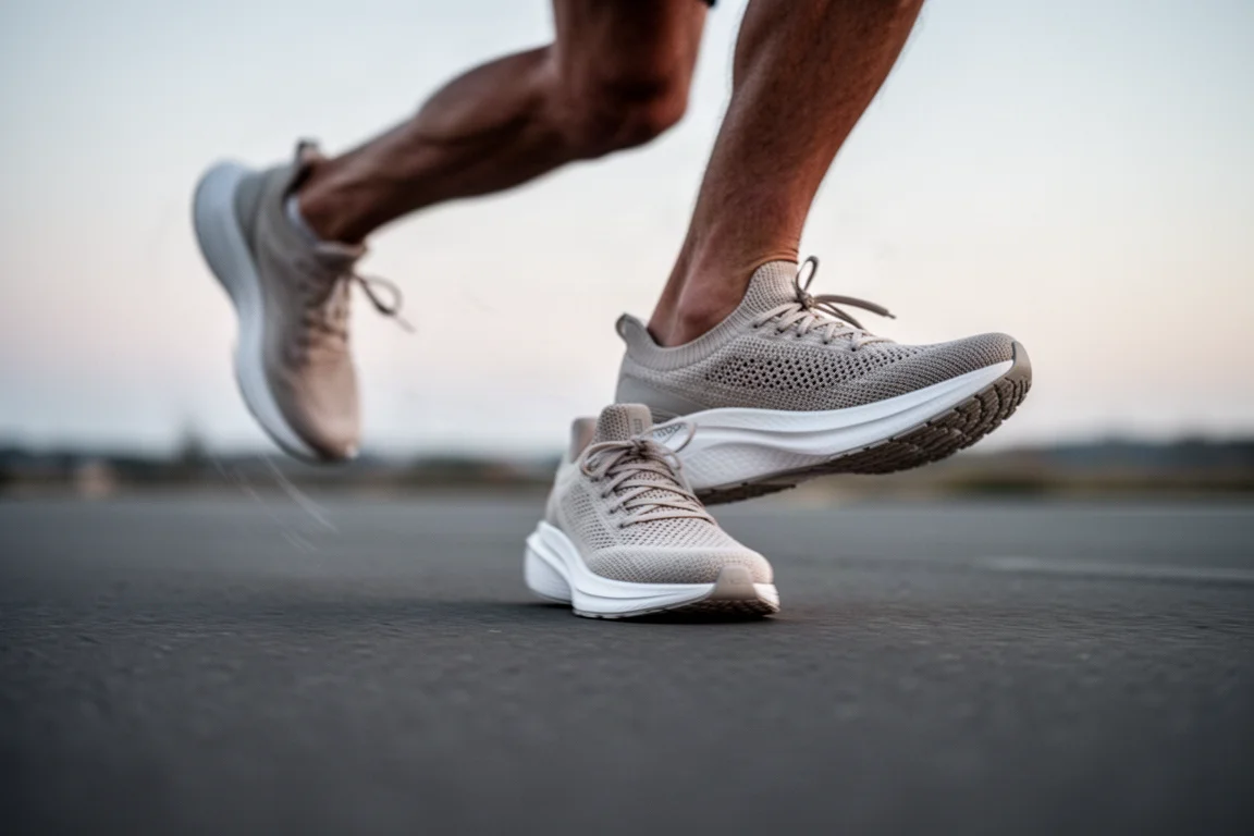 Runner's feet mid-stride on smooth flat tarmac in soft morning light