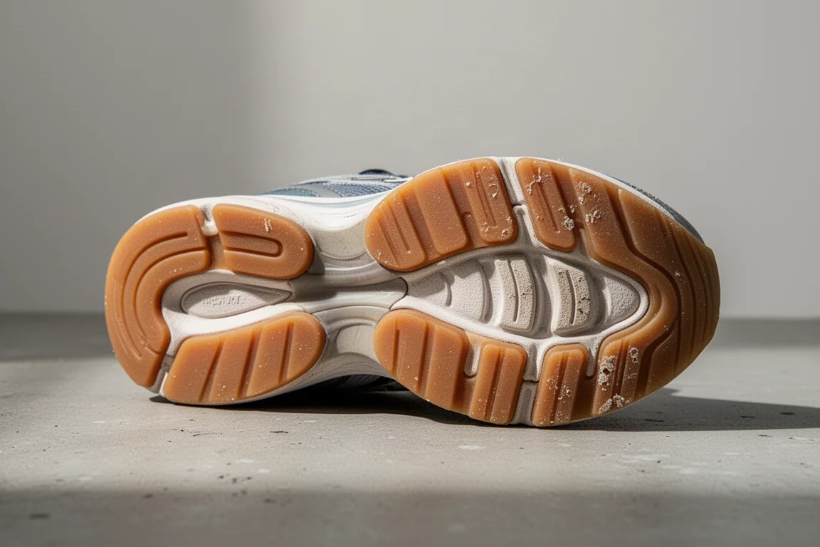 Close-up of a running shoe outsole showing rubber coverage and groove pattern