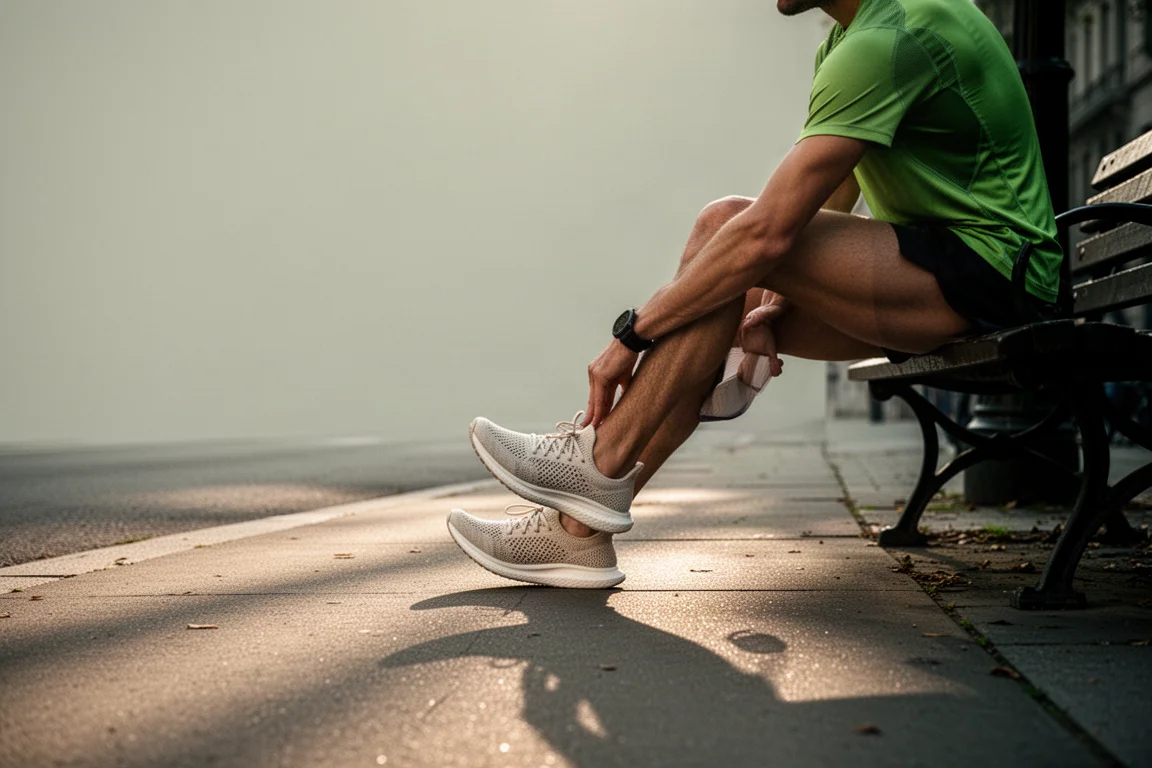 Runner stretching on a quiet city pavement beside a park in soft evening light