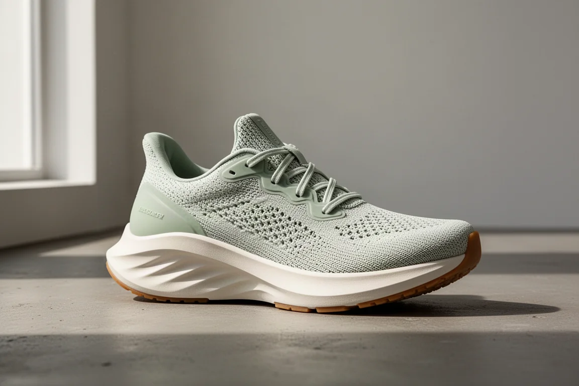 Neutral running shoe with knit upper and thick white rocker midsole on concrete