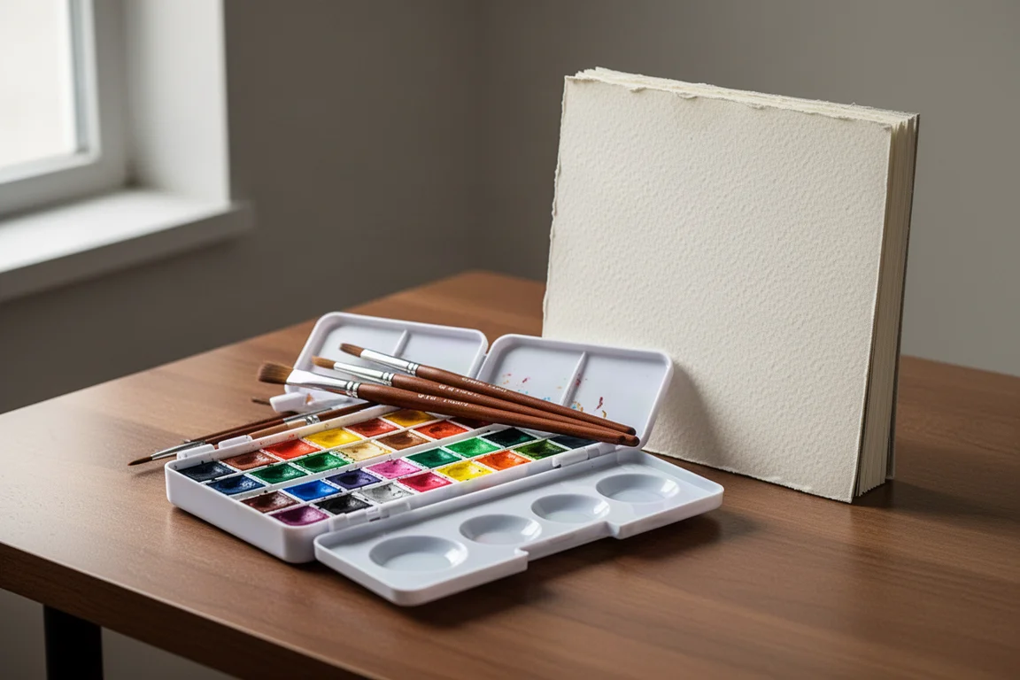 Geöffnete Aquarell-Reisepalette mit Halbnäpfen, Pinseln und einem Baumwollpapierblock auf einem Holztisch