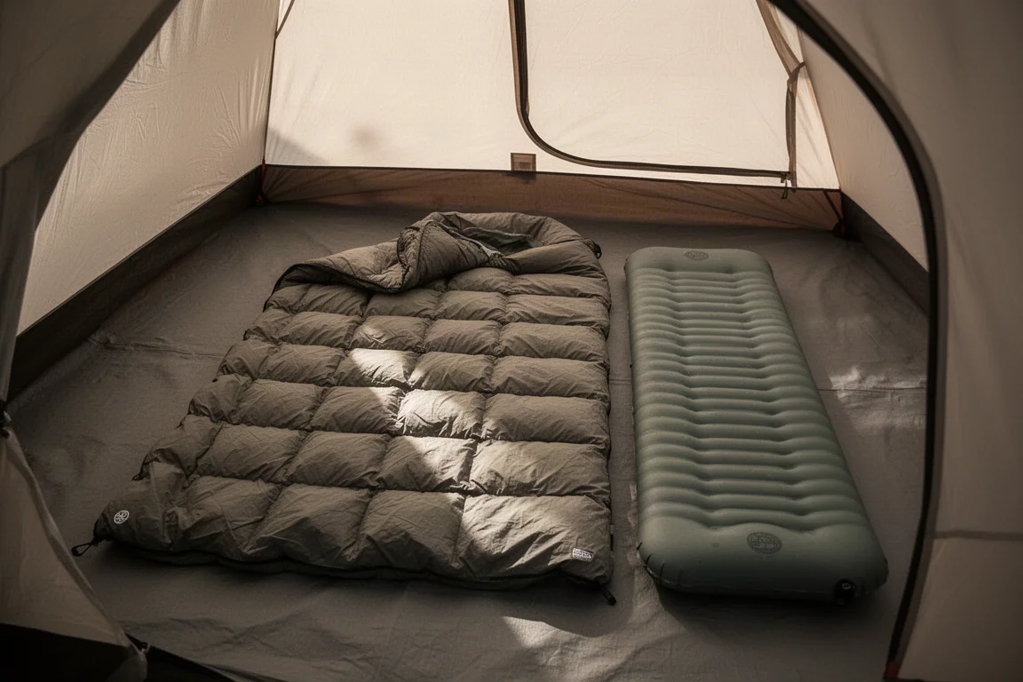Vier gefaltete Camping-Quilts nebeneinander auf einem Betonboden