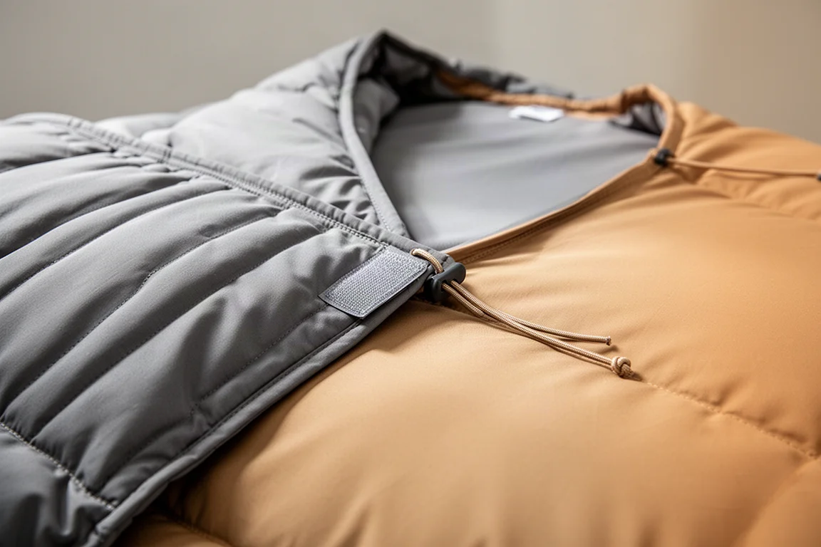 Nahaufnahme von Reißverschluss-Hardware und einem Kordelzug am Rand eines Camping-Quilts