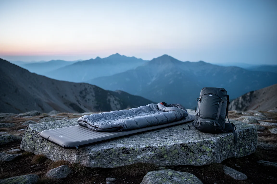 Zeltinneres im Morgengrauen mit weichem Licht auf einem Isomatten-Setup