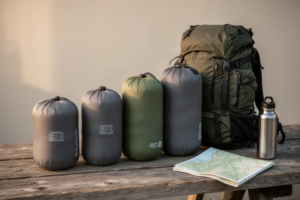 Gerolltes Camping-Schlafsystem auf einem Rucksack auf Granit bei Sonnenaufgang