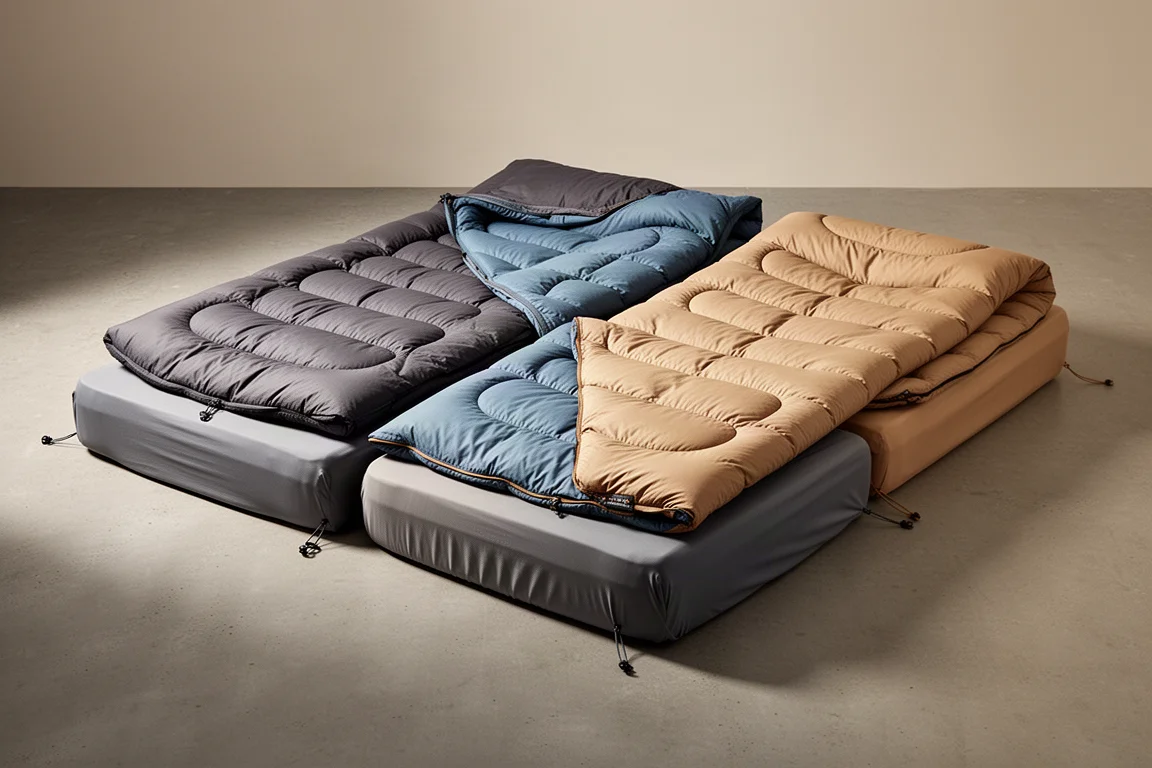 Four camping quilt sleep systems arranged in a row on a concrete surface