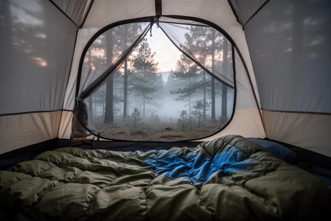 Intérieur de tente à l'aube avec un couchage couvert d'un quilt et une forêt brumeuse au-dehors
