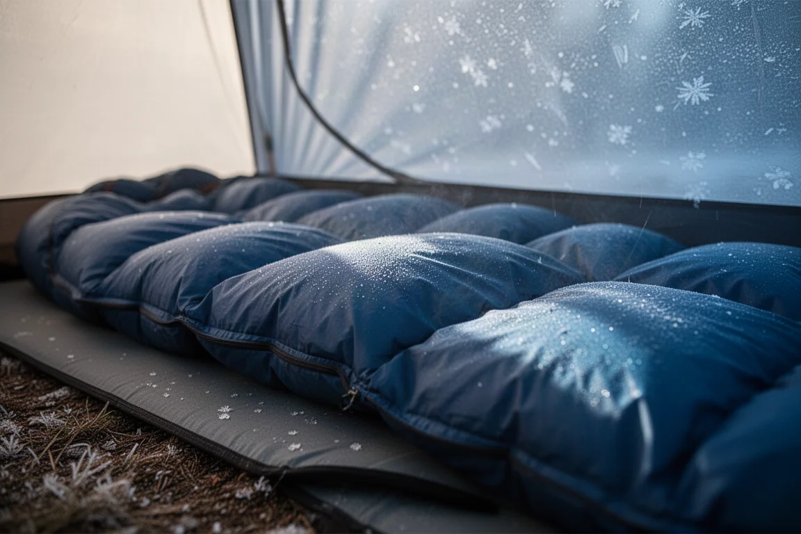Gros plan sur les cloisons gonflantes d'un quilt en duvet, avec du givre sur la paroi de tente en arrière-plan