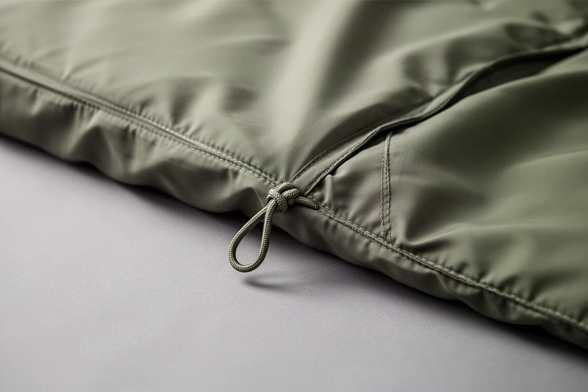 Détail macro d'un tissu en nylon doux avec une boucle de cordon fixant un quilt à un drap