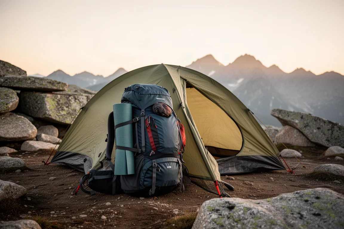 Sac à dos de randonnée chargé et matelas de sol roulé près d'une tente sur un campement alpin