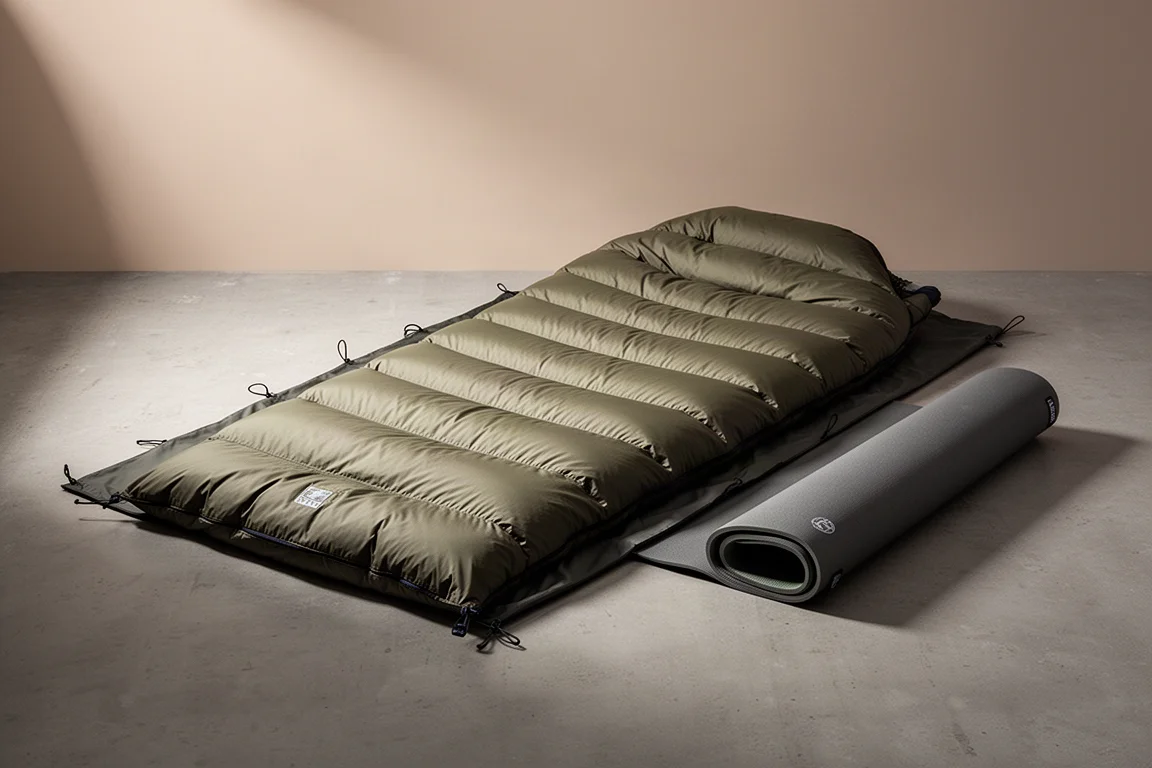 Backpacking quilt, fitted sheet, and insulated sleeping pad arranged on concrete