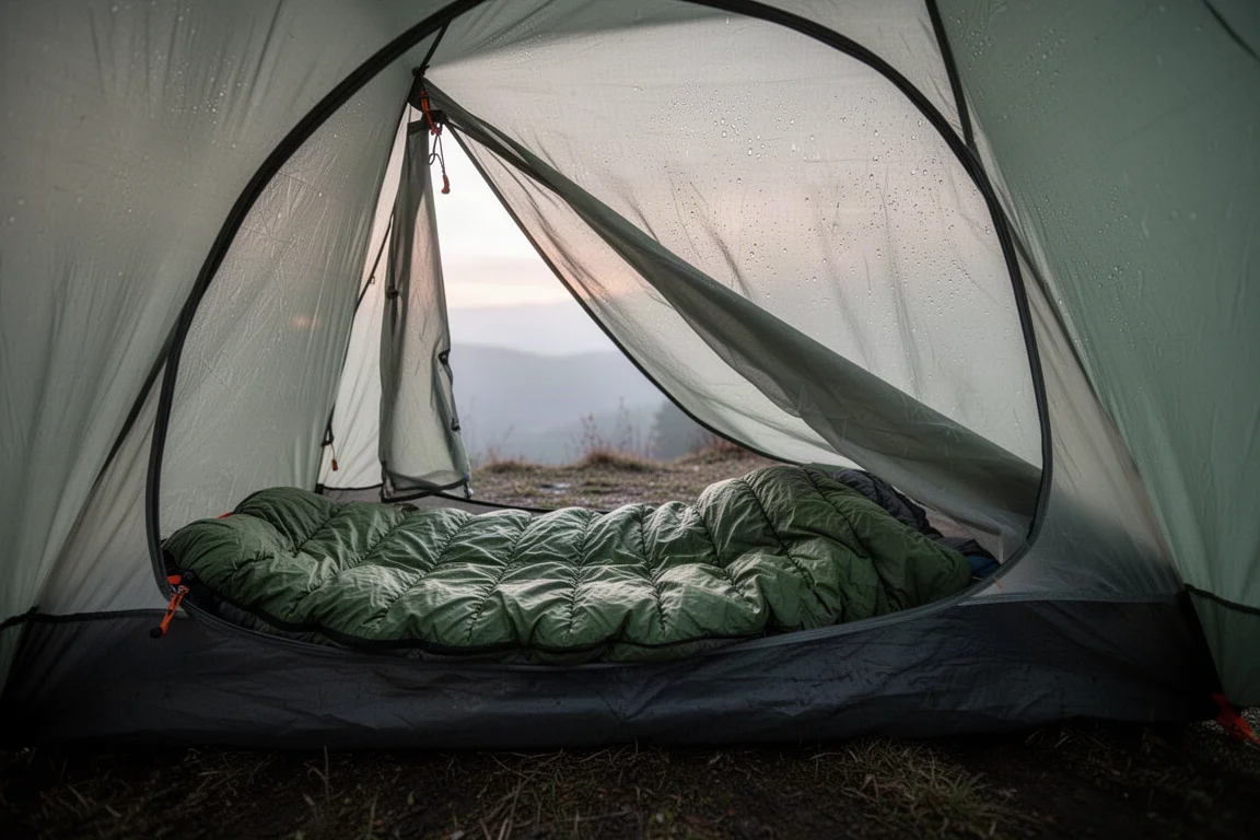 Intérieur de tente à l'aube avec un matelas de couchage, un drap et une couette gonflante