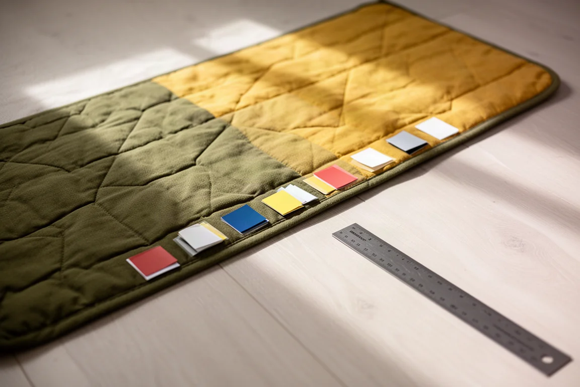 Vue à plat d'un cordon de serrage de bord de couette, d'un bloqueur de tension, de sangles de matelas et d'un mètre ruban