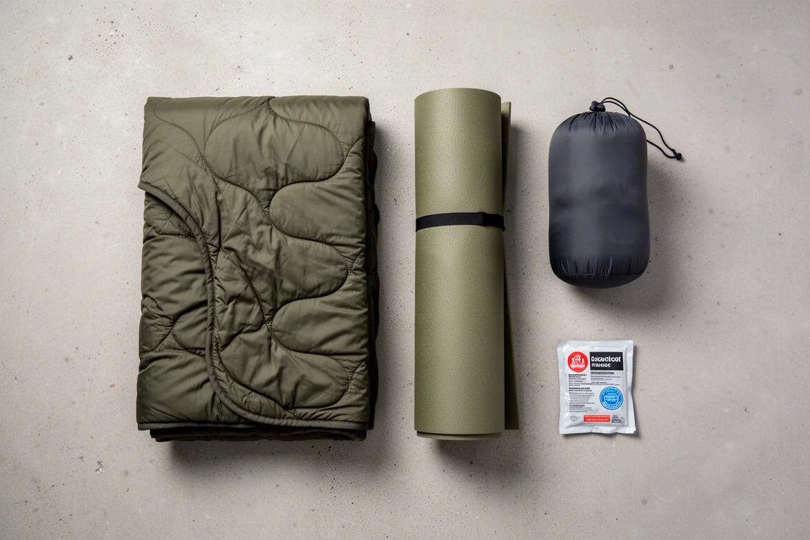 Couette roulée et sac de compression sur un rebord granitique dans un campement alpin