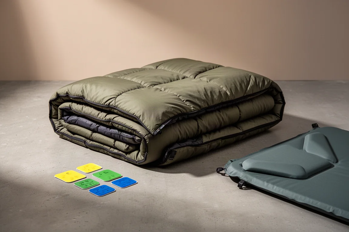 四種顏色的 ZenBivy Conversion Patches 擺在附有扣具的被子邊緣旁