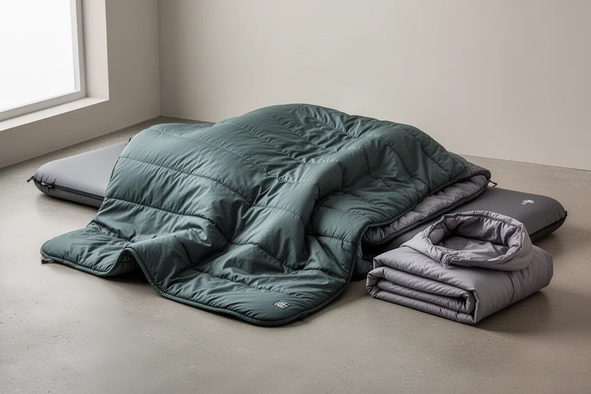 Lightweight grey-green camping quilt draped over a sleeping pad with a folded hooded sheet beside it