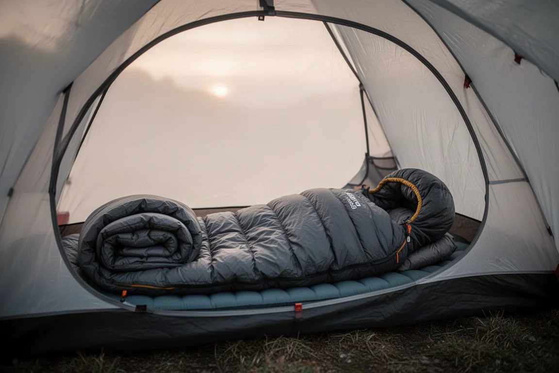 露營者黎明時分躺在帳篷內的被鋪式睡眠系統中