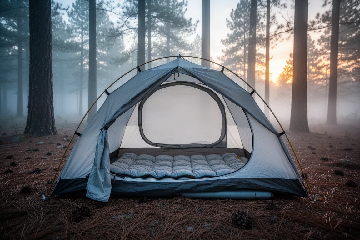 Campsite at dawn with an open tent, quilt, and sleeping pad on a forest floor