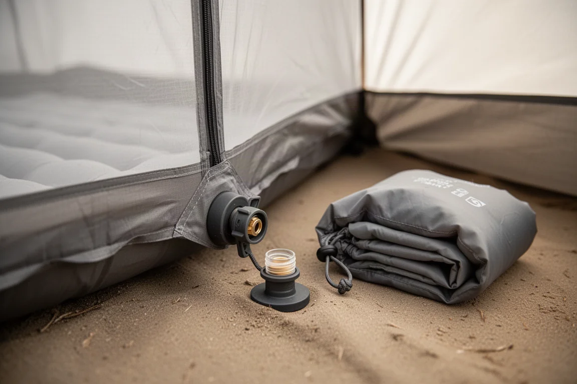 Close-up of a sleeping pad valve and inflation dry sack on a tent floor