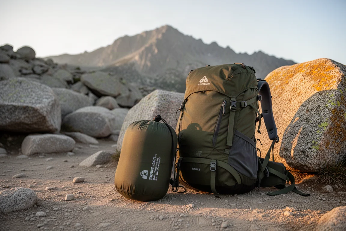 Packed backpacking sleep system and backpack resting at a mountain trailhead