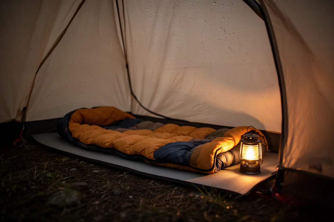 Interior of a tent at night with a quilt laid out and a warm lantern glow