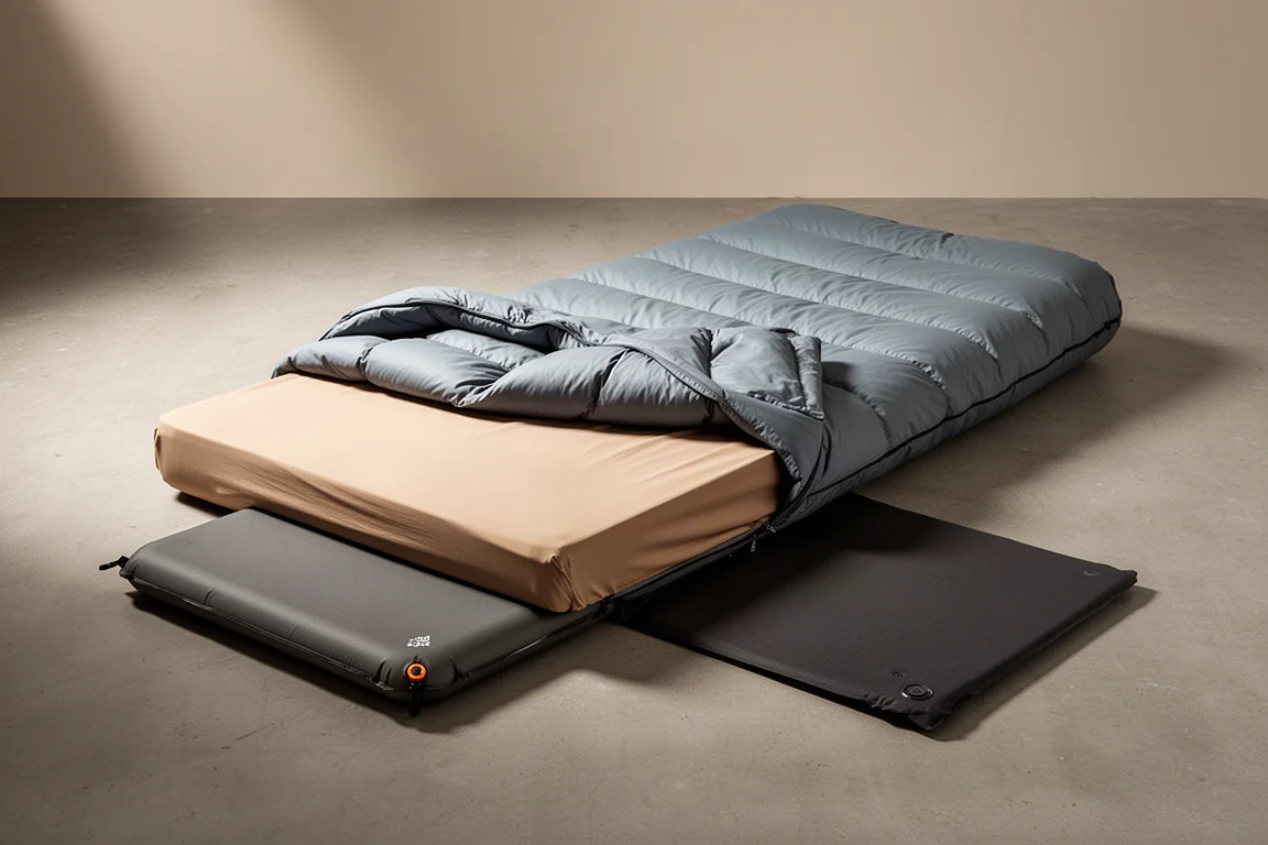 Backpacking quilt, fitted sheet, and insulated sleeping pad arranged on a concrete surface