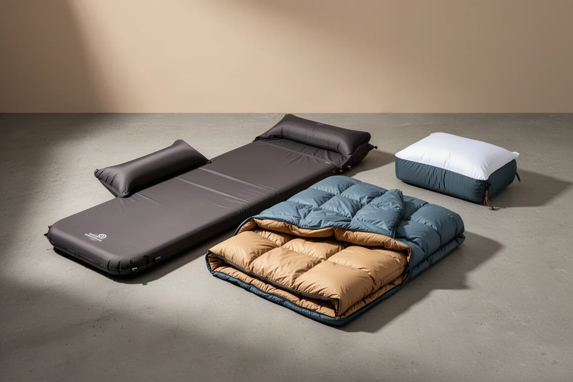 Ultralight backpacking sleep system with pad, sheet, quilt and pillow on concrete