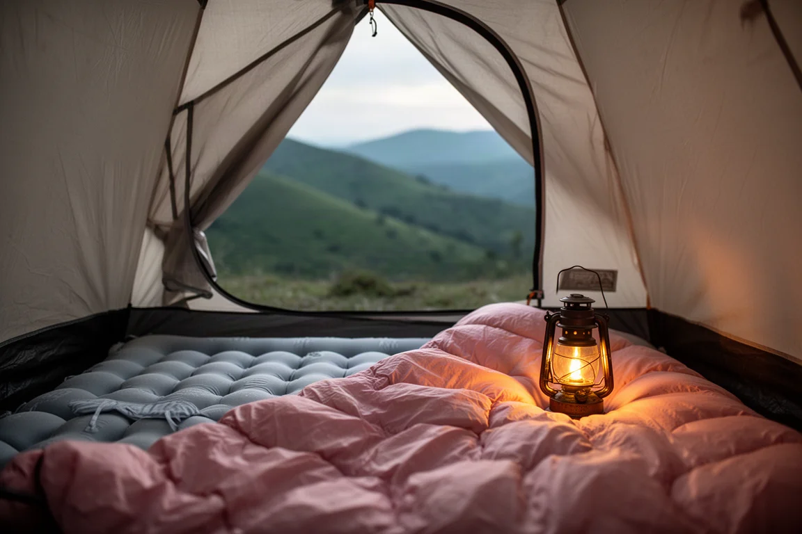 Innenraum eines Trekkingzelts in der Dämmerung mit ausgebreitetem Quilt und Schlafmatte