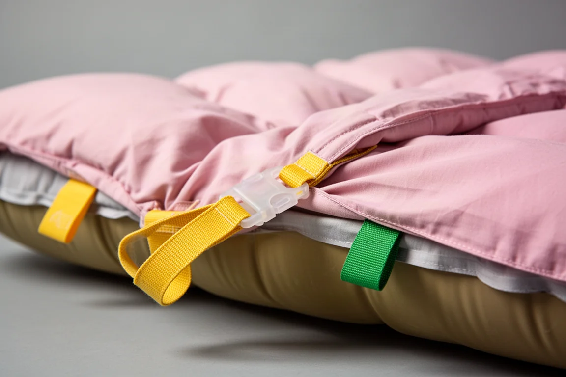 Nahaufnahme farbcodierter Clips, die einen Quilt mit einem Spannbezug verbinden