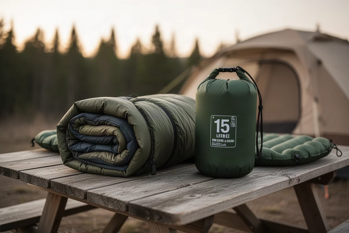 Zusammengerollte Camping-Bettwäsche und ein Packsack neben einer Schlafmatte auf einem Campingplatz