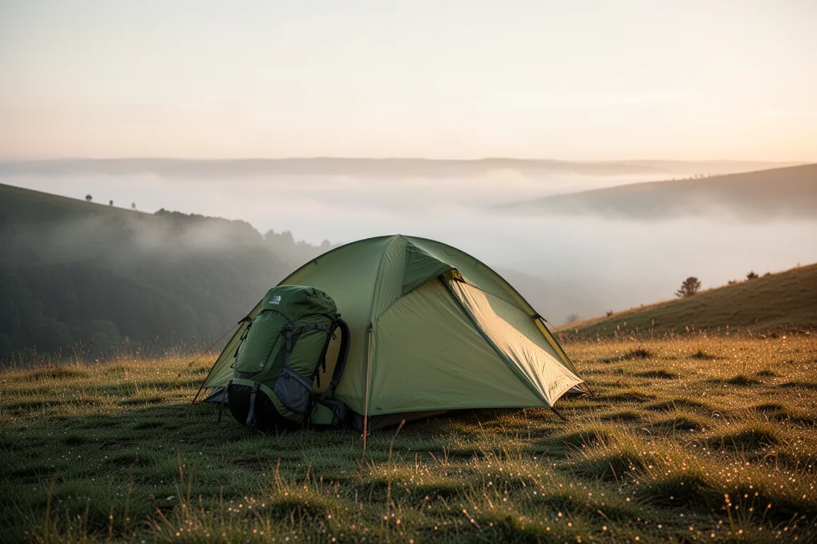 Leichtes Zelt auf einem grasbewachsenen Grat bei Sonnenaufgang mit Nebel im Tal