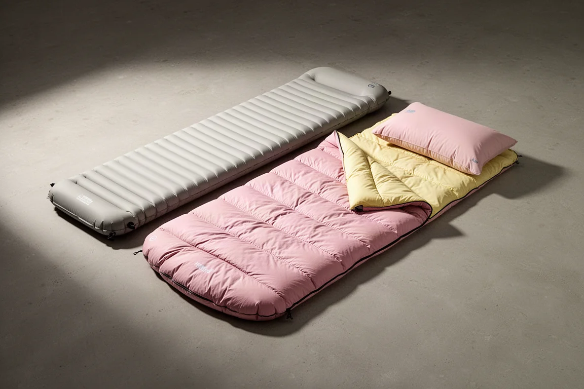 Modular camping sleep system with mattress, pink quilt and pillow on concrete