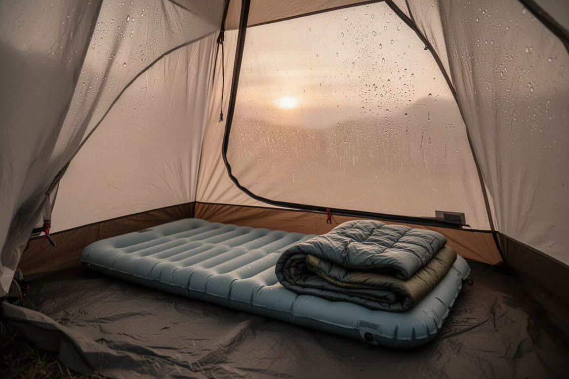 Intérieur d'une tente de bivouac une place à l'aube avec un matelas gonflé et une couette déployés