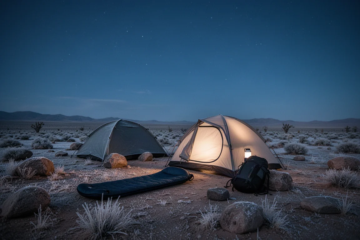 Bivouac dans un désert froid de nuit avec une tente faiblement éclairée et du givre au sol