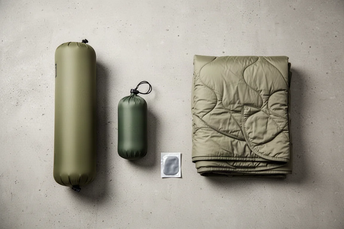 Vue à plat depuis le dessus d'un matelas roulé, d'un sac-pompe, d'une couette et d'un kit de réparation sur du béton