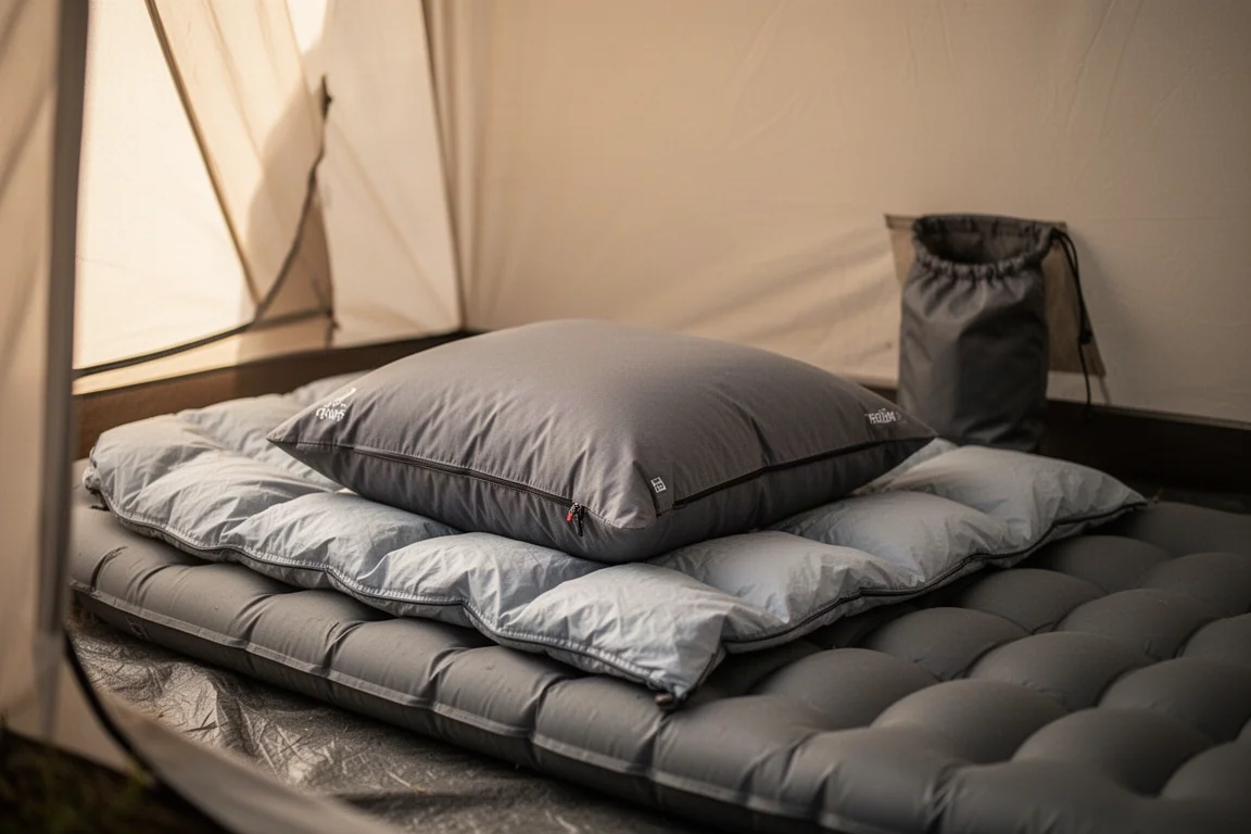 텐트 안 sleeping pad 위에 퀼팅된 다운 토퍼를 올린 낮은 캠프 베개