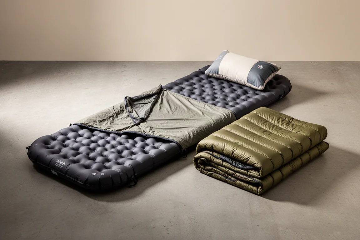 Ultralight backcountry sleep system with pad, sheet, quilt, and pillow arranged on a concrete surface