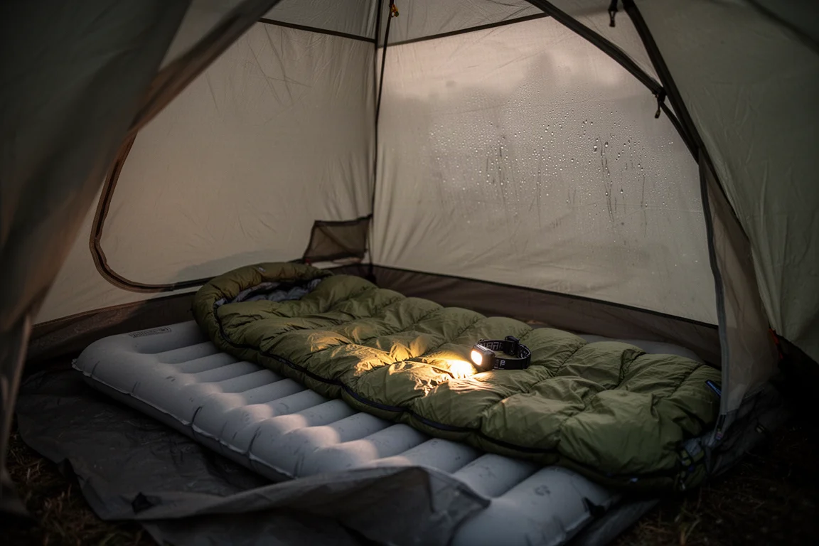 Pad de dormir inflado e quilt dentro de uma barraca de mochilão leve ao anoitecer