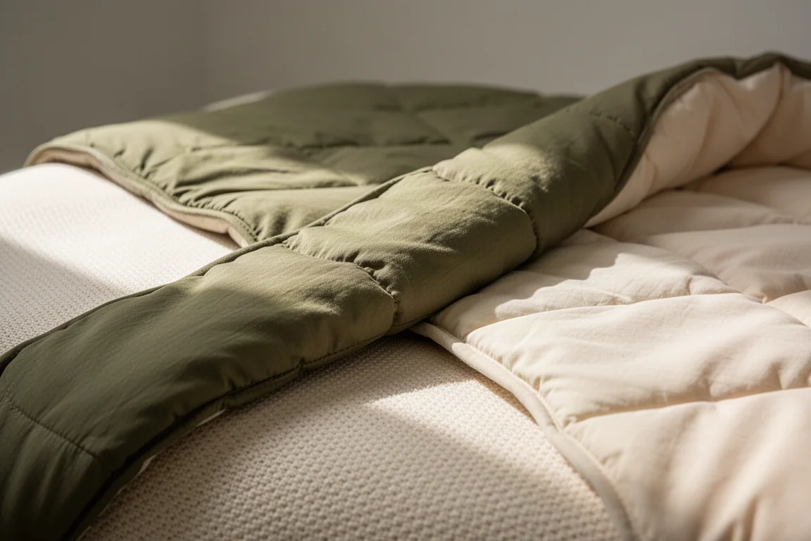 Close-up de uma superfície de pad de dormir de malha macia com um quilt sobre ela