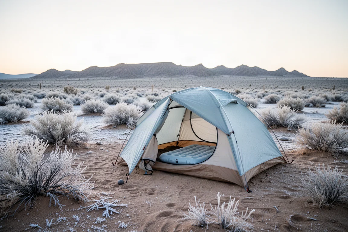 Acampamento no deserto ao amanhecer frio com geada no chão e uma barraca pequena