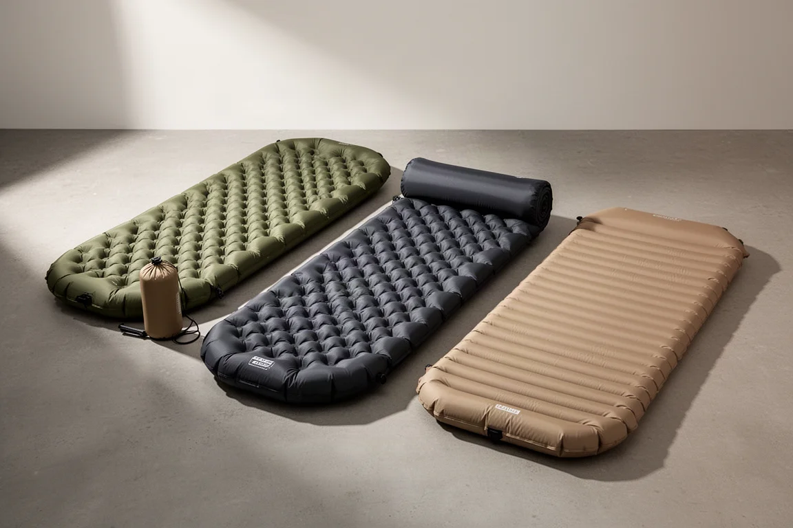 Three ultralight inflatable sleeping pads arranged on a concrete floor