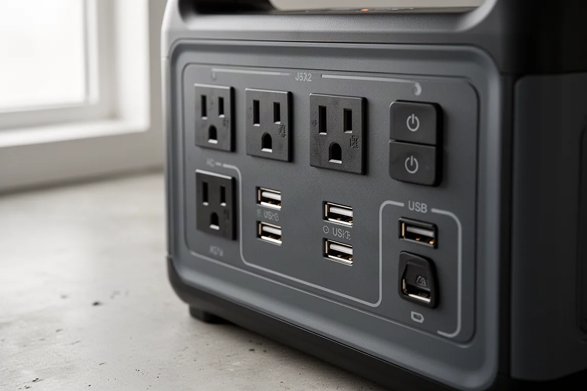 Close-up of a portable power station's front panel showing AC outlets and USB ports