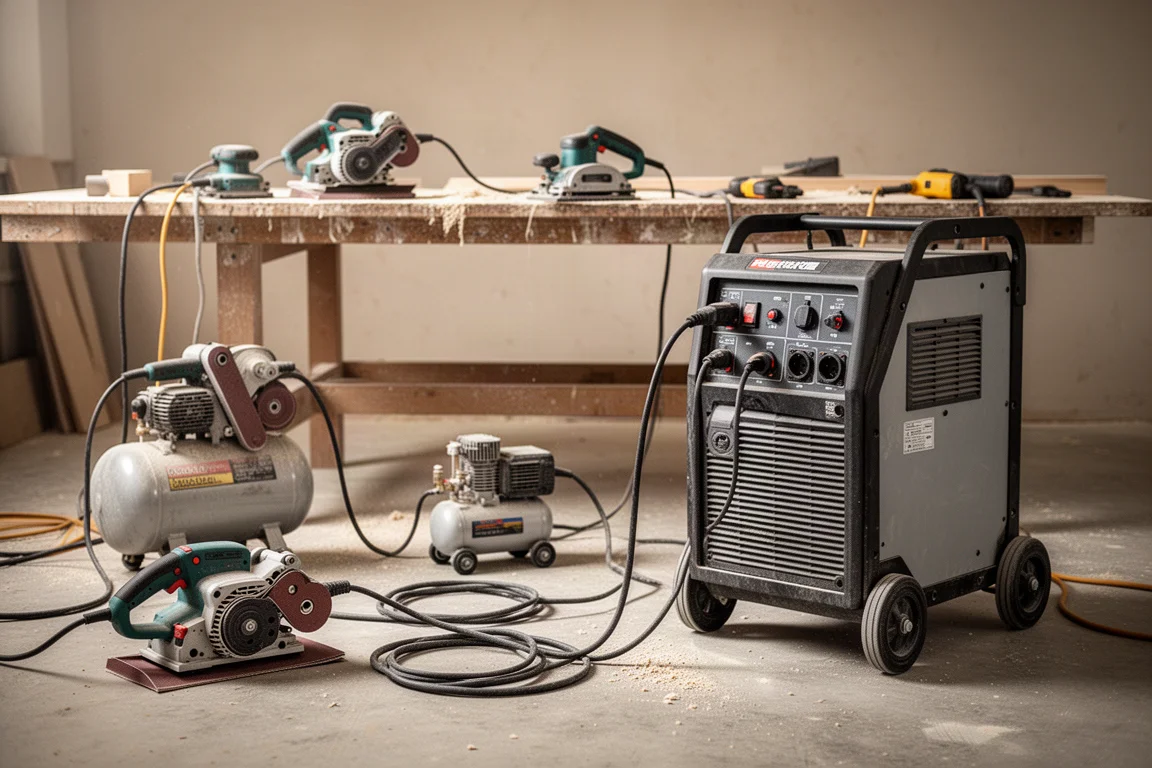 Workshop scene with power tools plugged into a portable power station