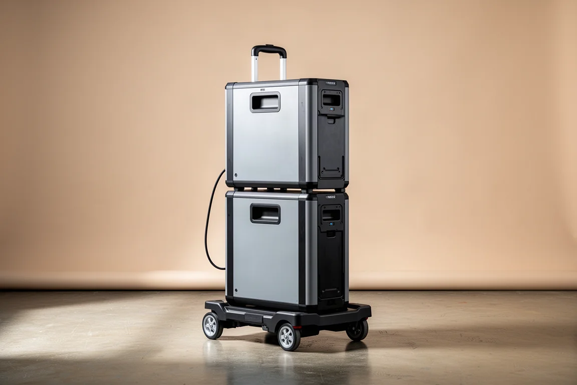 Stack of matching battery units connected with a single cable