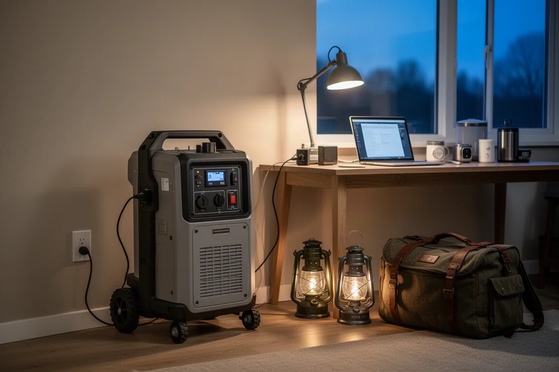 Home office and camping gear plugged into a backup power setup at dusk