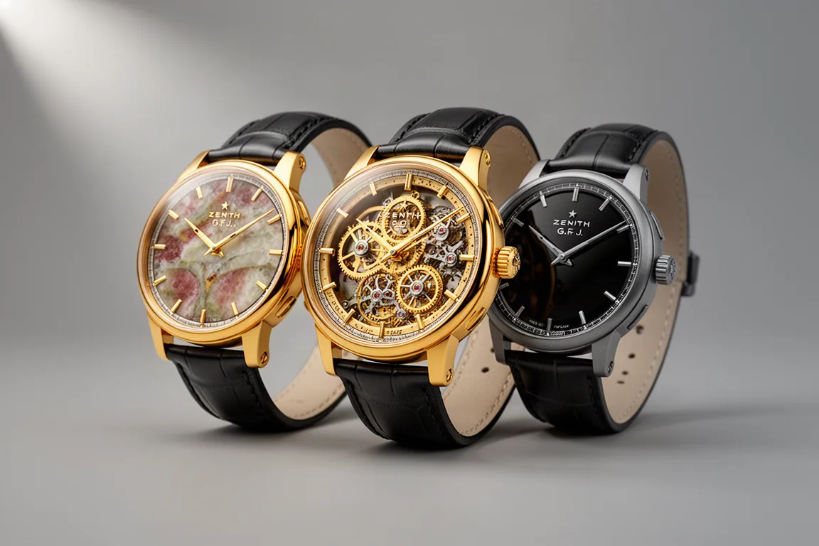 Selection of luxury wristwatches arranged on a dark slate surface