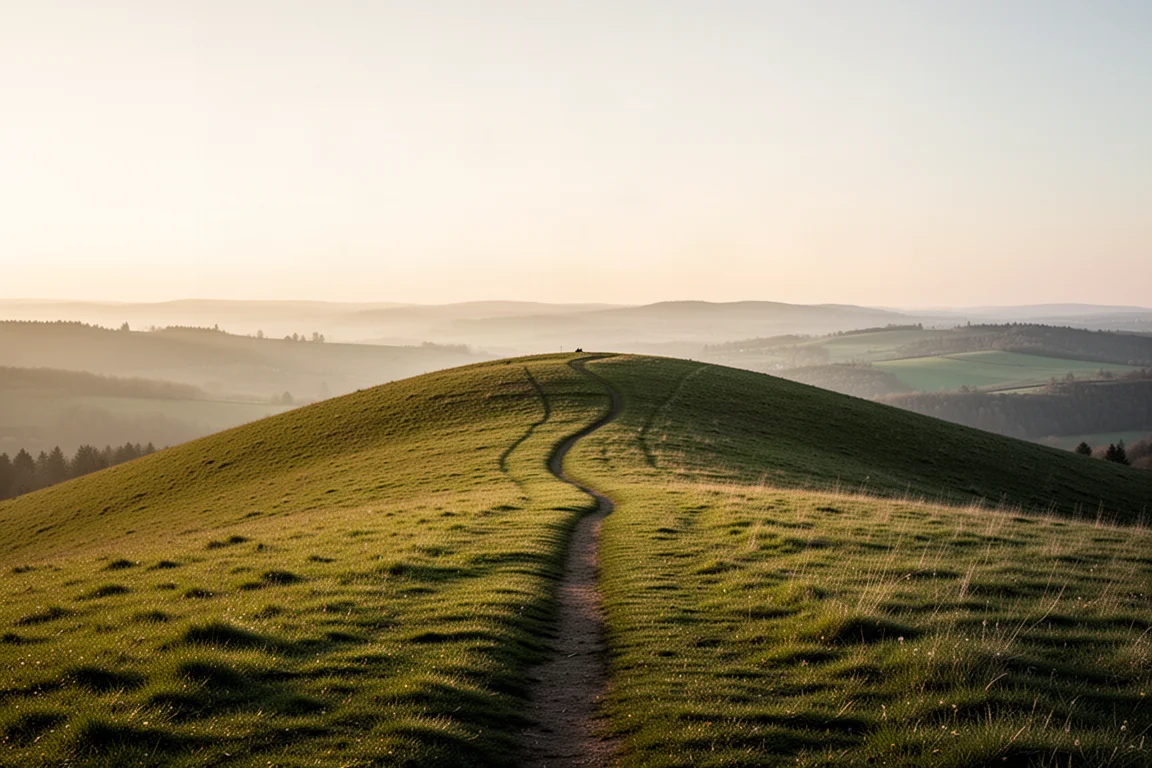 Rollender grüner Hügel mit einem Fußweg und langen Schatten der goldenen Stunde über dem Gras