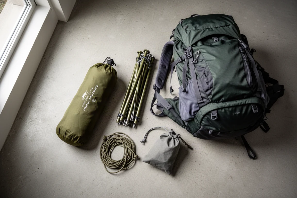 Flachliegender kompakter Zelt-Packsack und Gestänge neben einem offenen Wanderrucksack